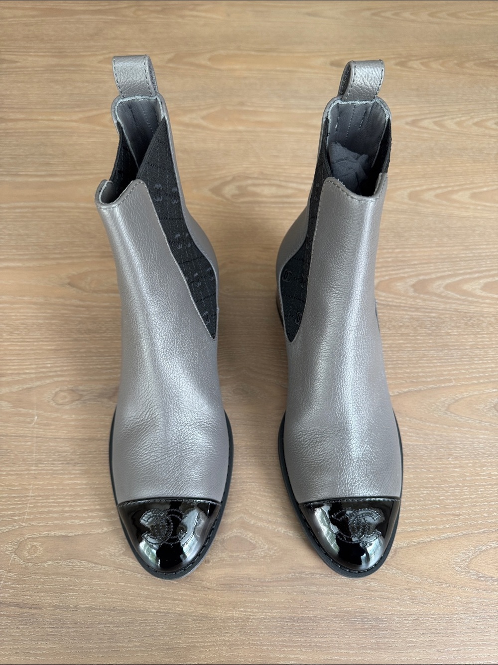 Chanel Gray & Black Chelsea Boots